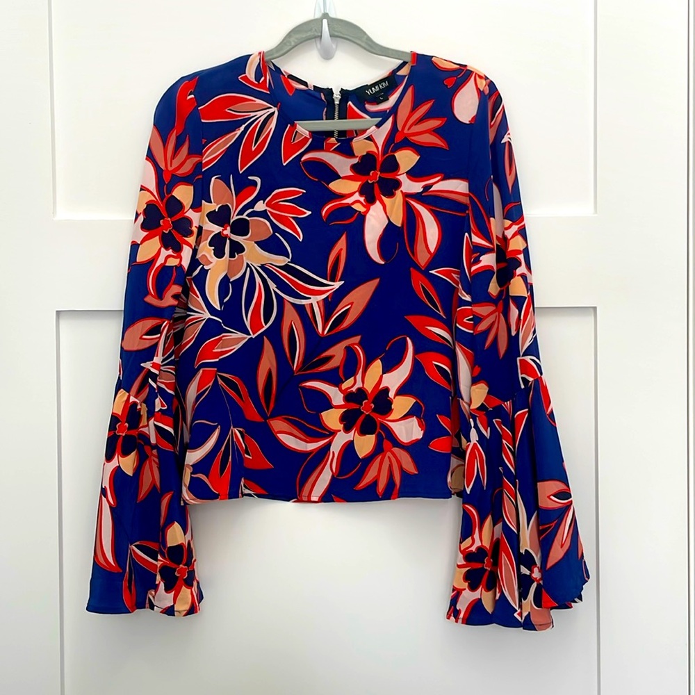 YUMI KIM Floral Bell Sleeve Silk Blouse